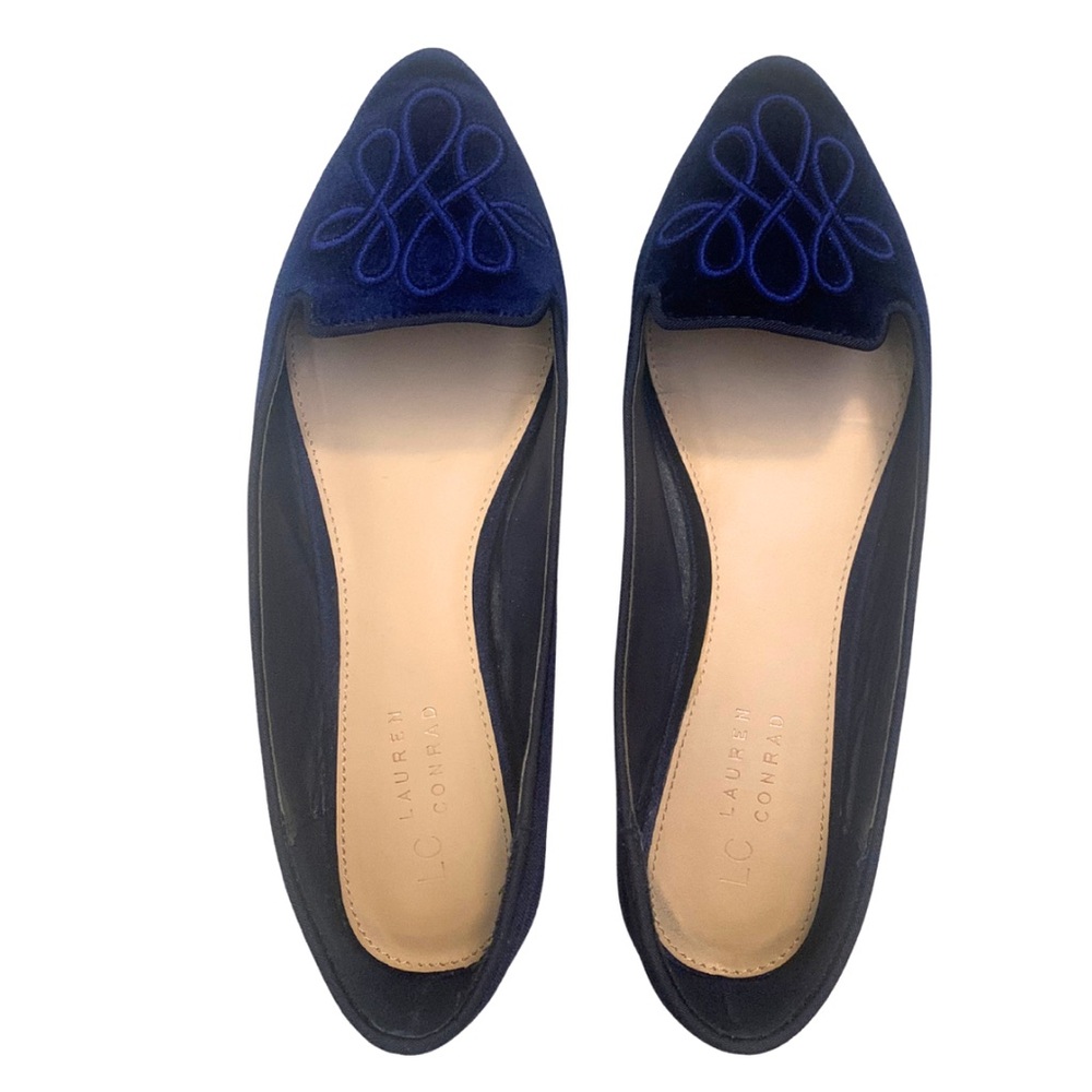 2/$30 Lauren Conrad Dark Blue Velvet Pointed Ballet Flats 8.5 Loafer Preppy Luxe - Picture 5 of 9